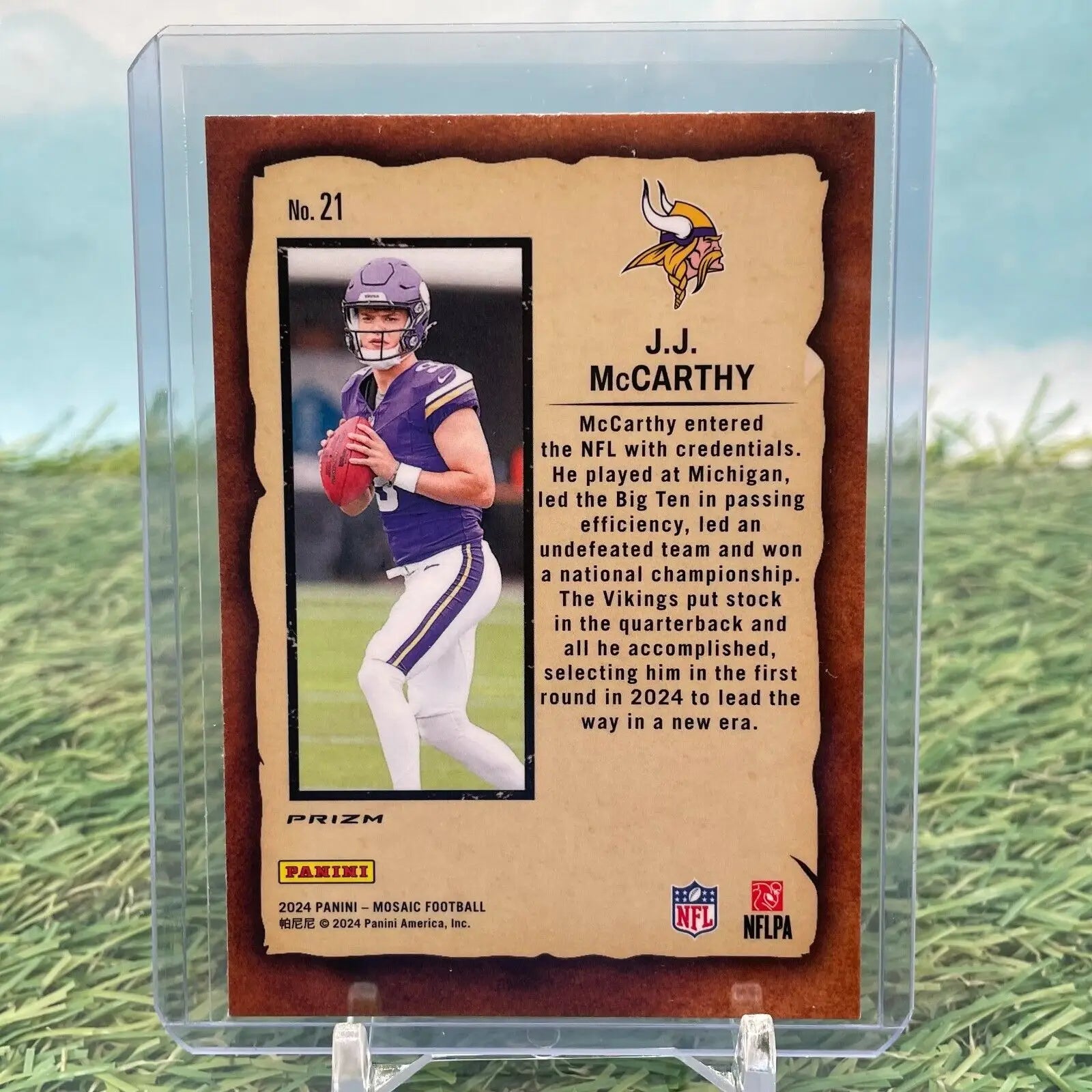 J.J. McCarthy trading card from 2024 Panini Mosaic Silver Mosaic Prizm RC Vikings