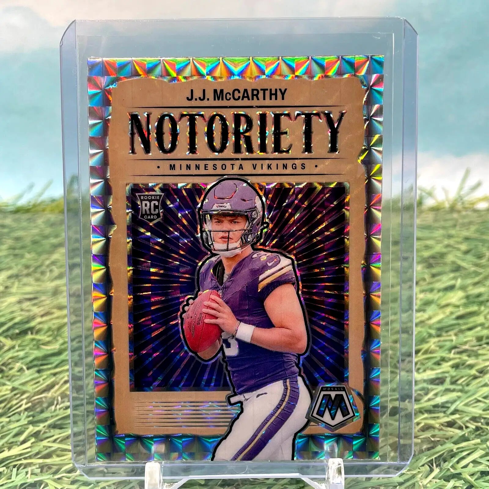 J.J. McCarthy football trading card from 2024 Panini Mosaic Silver Mosaic Prizm RC