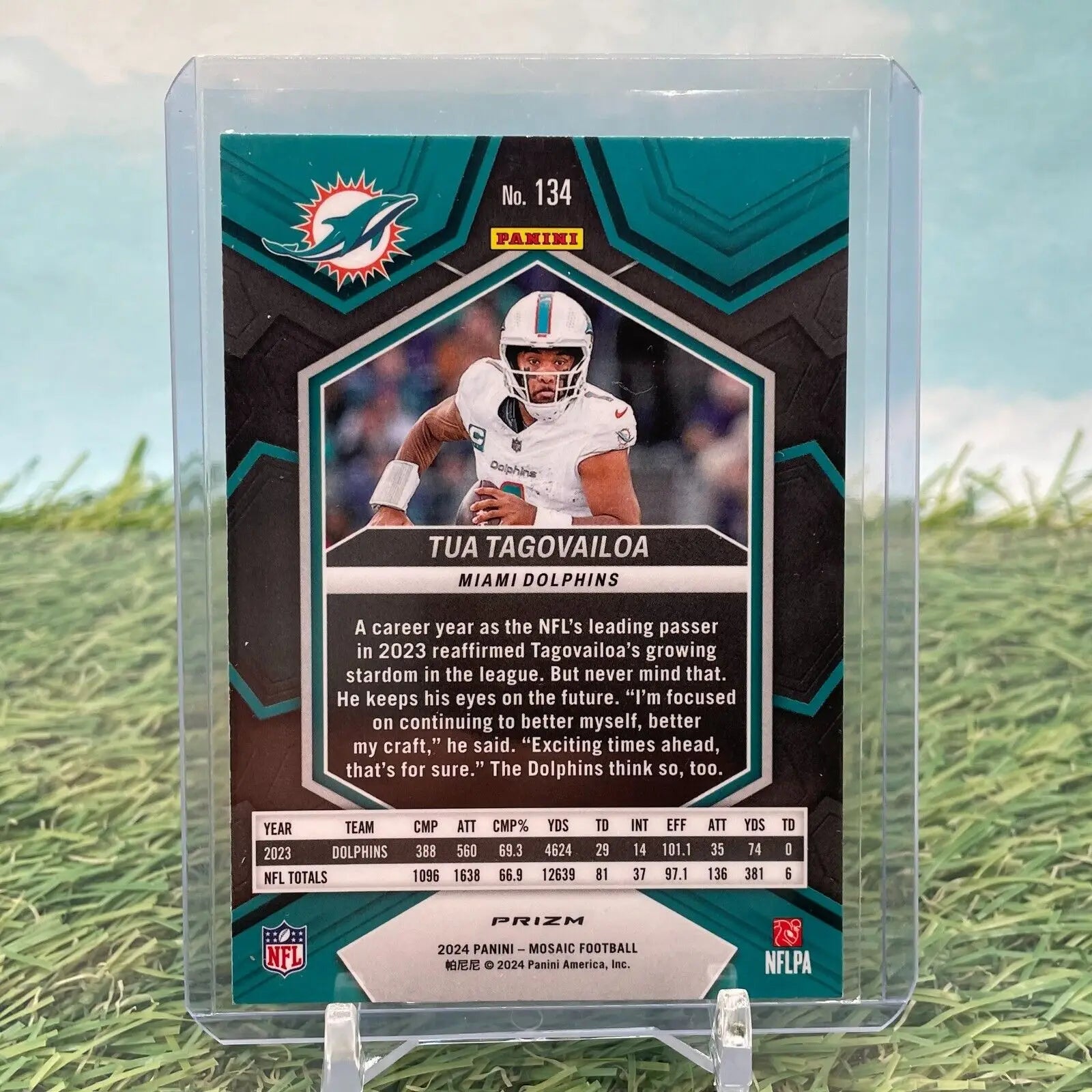 NFL trading card of Tua Tagovailoa in white uniform from Panini Mosaic collection