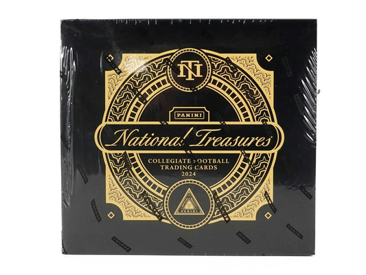 Black box featuring ornate gold National Treasures logo for collegiate football trading cards