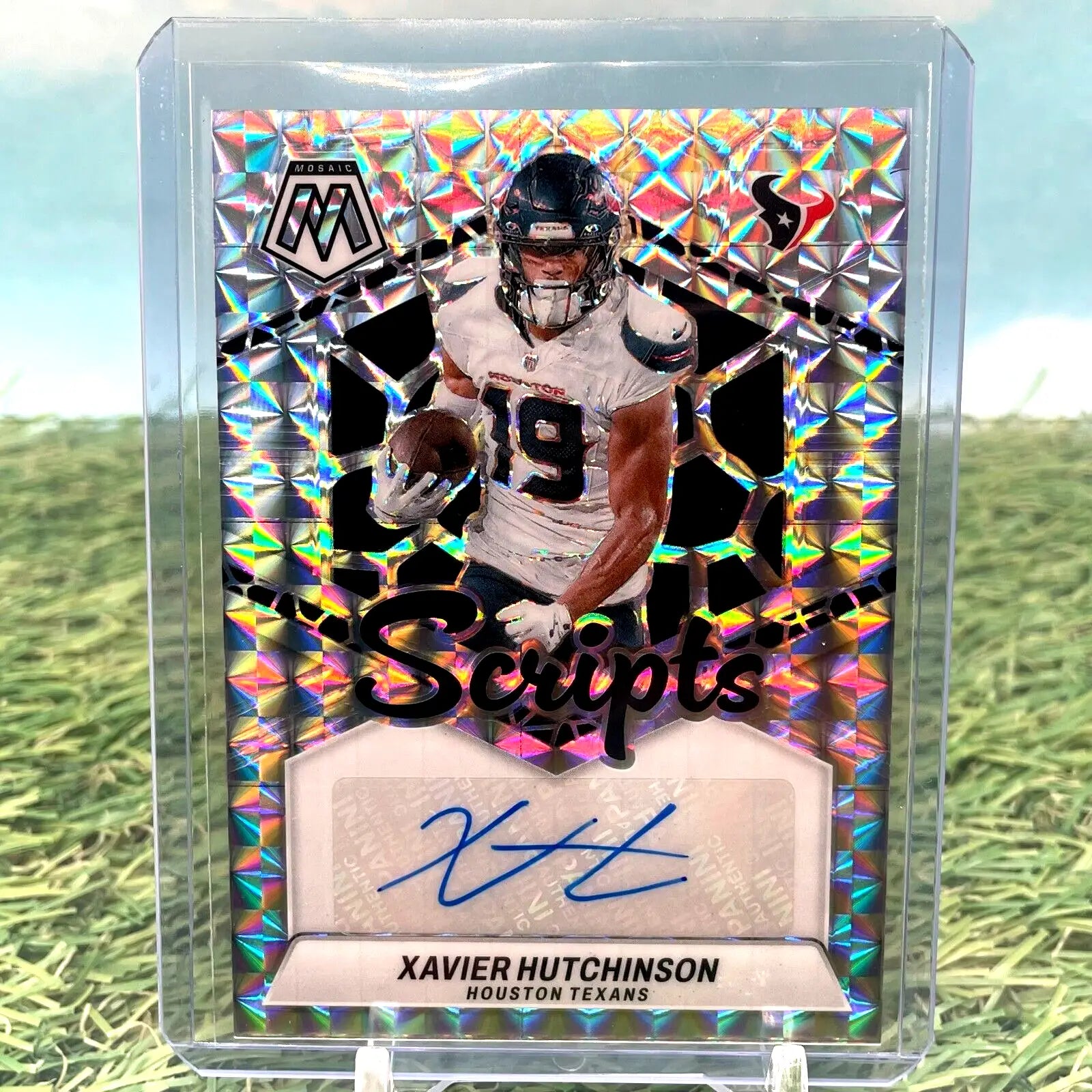 Mosaic-style Panini NFL trading card featuring Xavier Hutchinson autograph for Texans