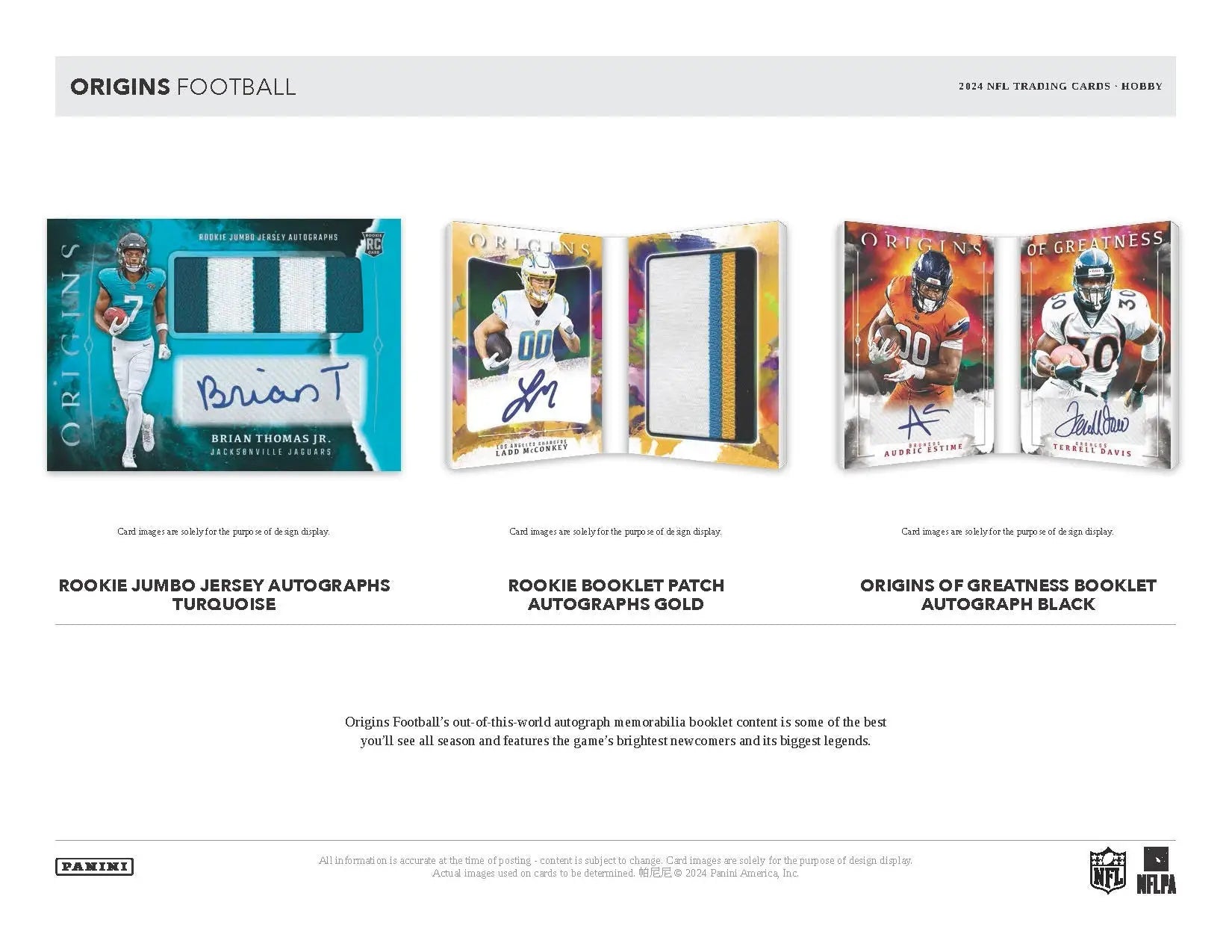 Product catalog page featuring Panini Origins Football trading cards with autographs and patches