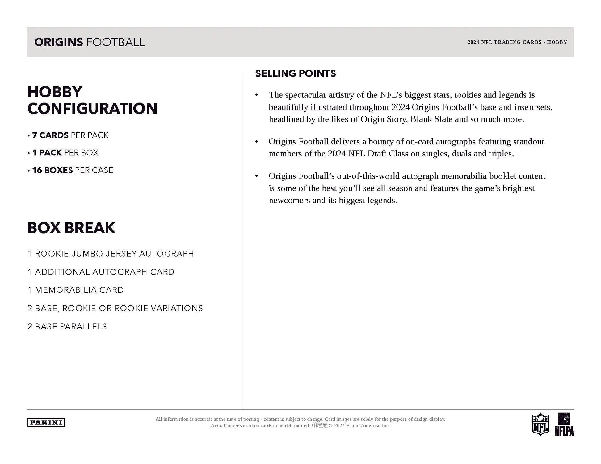 Product information sheet detailing box break for Panini Origins Football trading cards