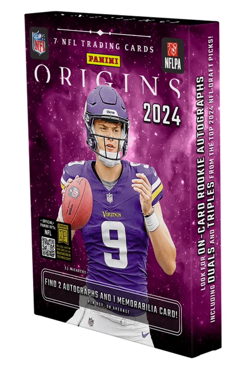 Purple Panini Origins 2024 trading card box featuring Vikings QB jersey number 9