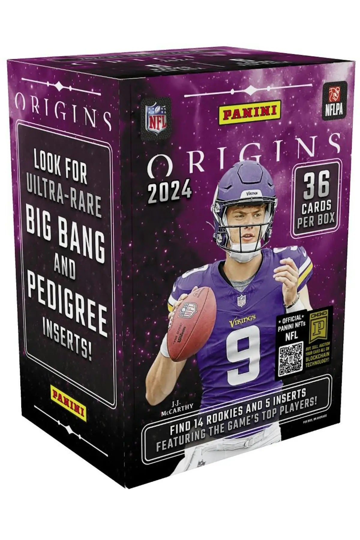 Purple NFL Origins 2024 Panini trading card box with Ravens player and blaster-exclusive holo parallels