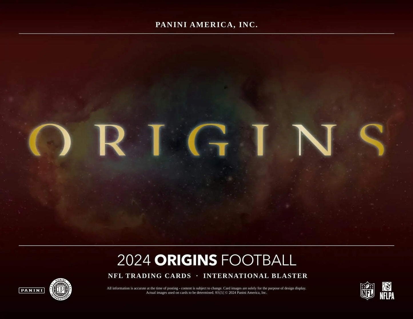 Gold metallic text spelling ORIGINS on the 2024 Panini Origins Football Blaster Box with holo parallels