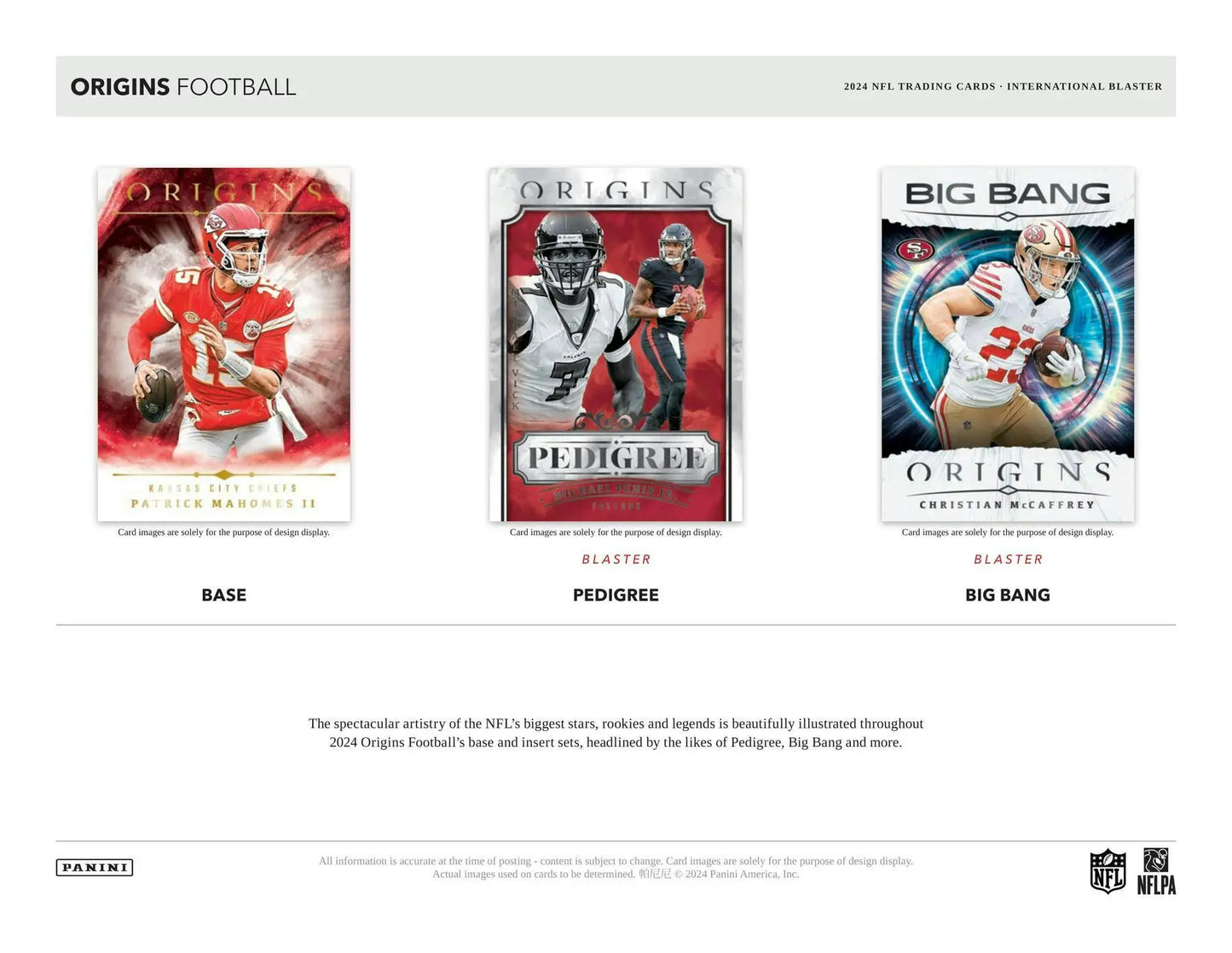 Three artistic NFL trading card designs labeled Base, Pedigree, and Big Bang from 2024 Panini Origins Football Blaster Box with blaster-exclusive holo parallels