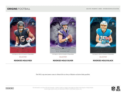 Three NFL rookie trading cards in red, silver, black variations, featuring holo parallels