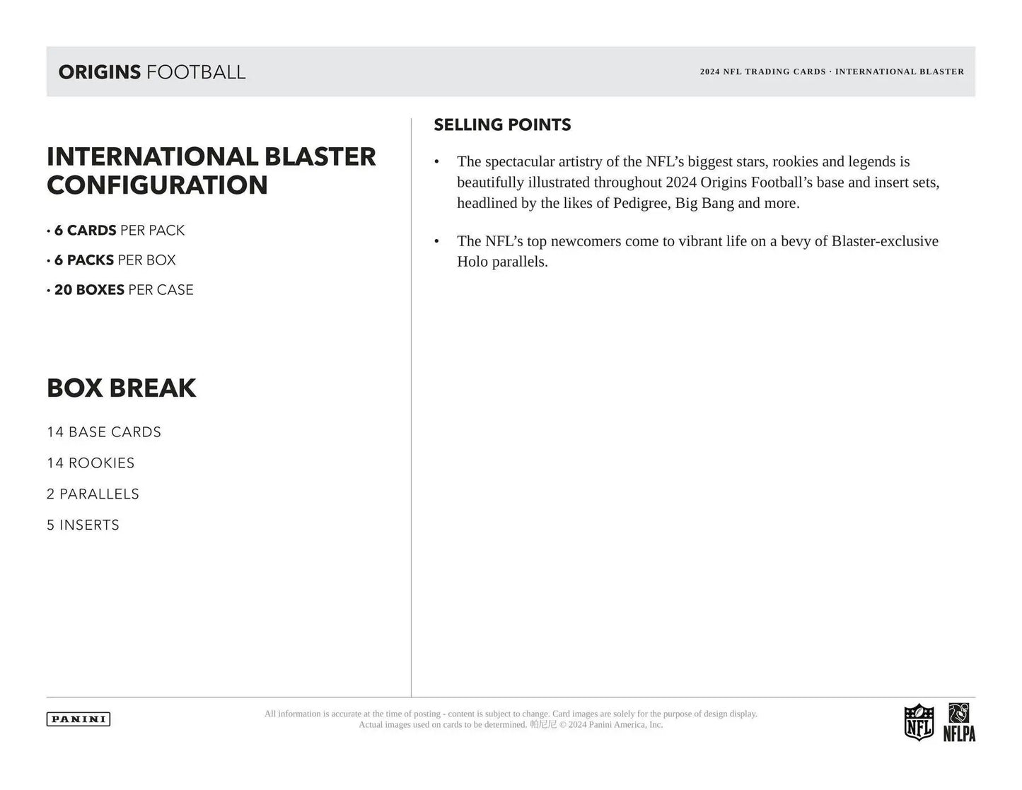 Configuration details for NFL International Blaster Box featuring blaster-exclusive holo parallels