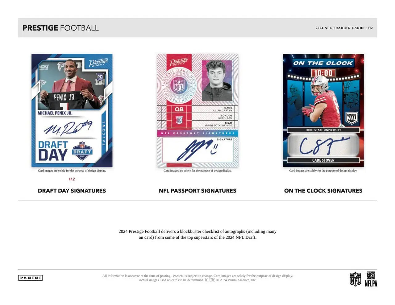 Advertisement showcasing NFL trading cards featuring autographs from Panini Prestige Football