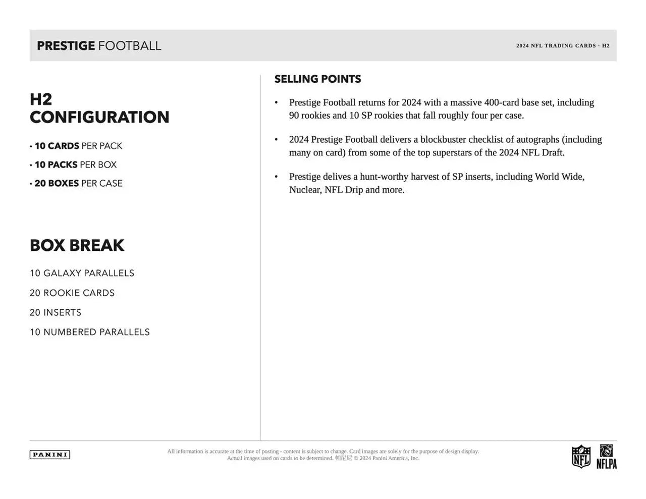 Product information sheet for 2024 Panini Prestige Football Hobby H2 Box details