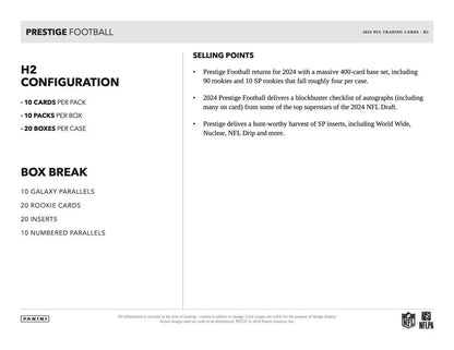 Product information sheet for 2024 Panini Prestige Football Hobby H2 Box details