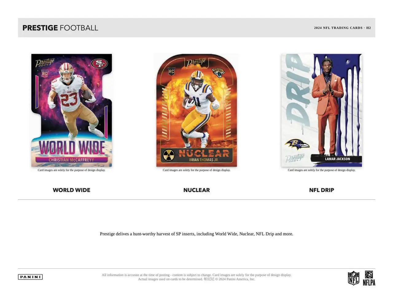 Three NFL trading cards with Prestige Football branding and unique team designs