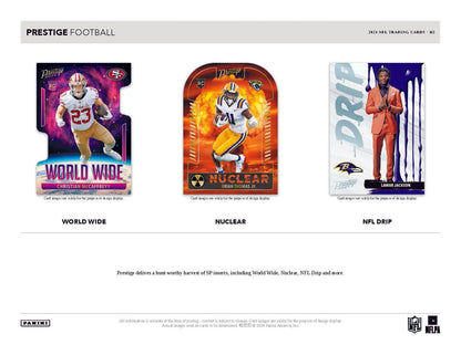 Three Panini Prestige football trading cards showcasing unique designs and galaxy parallels