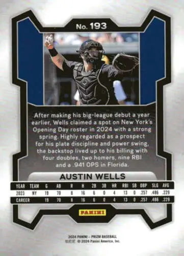 Baseball card back of 2024 Panini Prizm #193 Austin Wells with original gloss finish