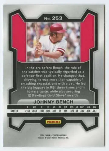 2024 Panini Prizm #253 Johnny Bench baseball card showcasing original gloss quality