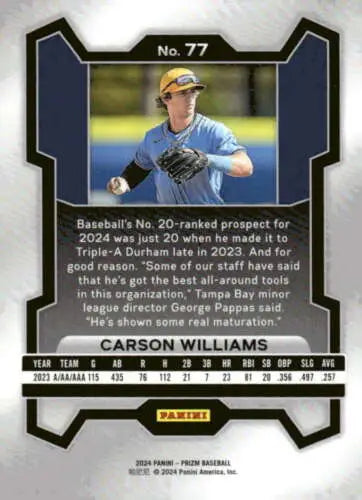 Baseball card back of 2024 Panini Prizm #77 Carson Williams with original gloss finish