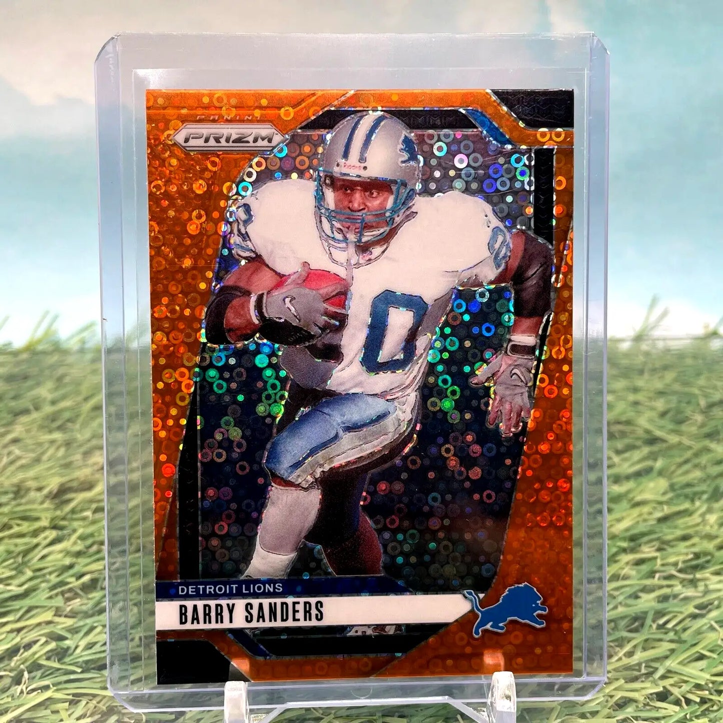 Barry Sanders Orange Disco Prizm card from 2024 Panini Prizm Detroit Lions collection