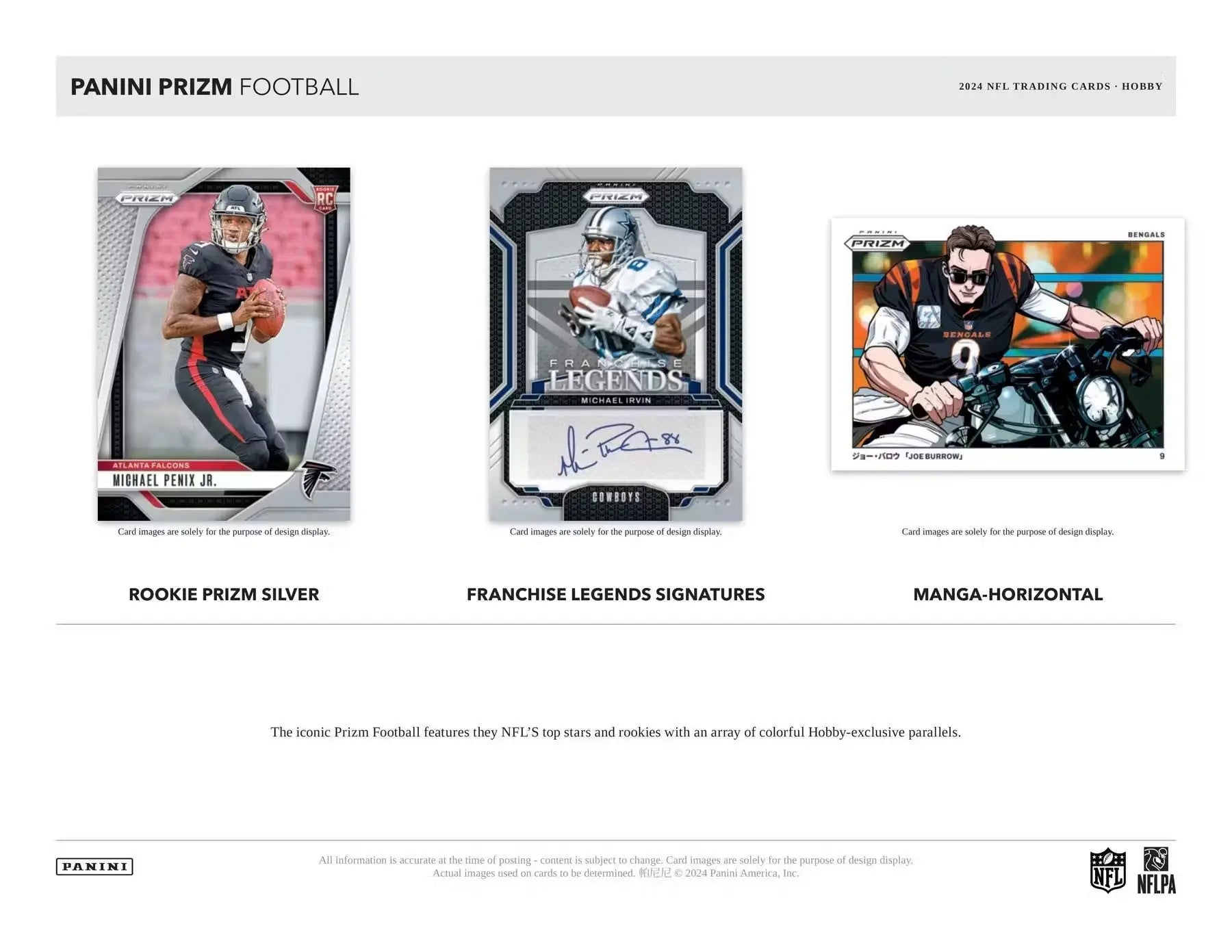 Product sell sheet showcasing Panini Prizm Football cards featuring color blast and autographs