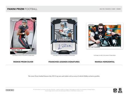 Product sell sheet showcasing Panini Prizm Football cards featuring color blast and autographs