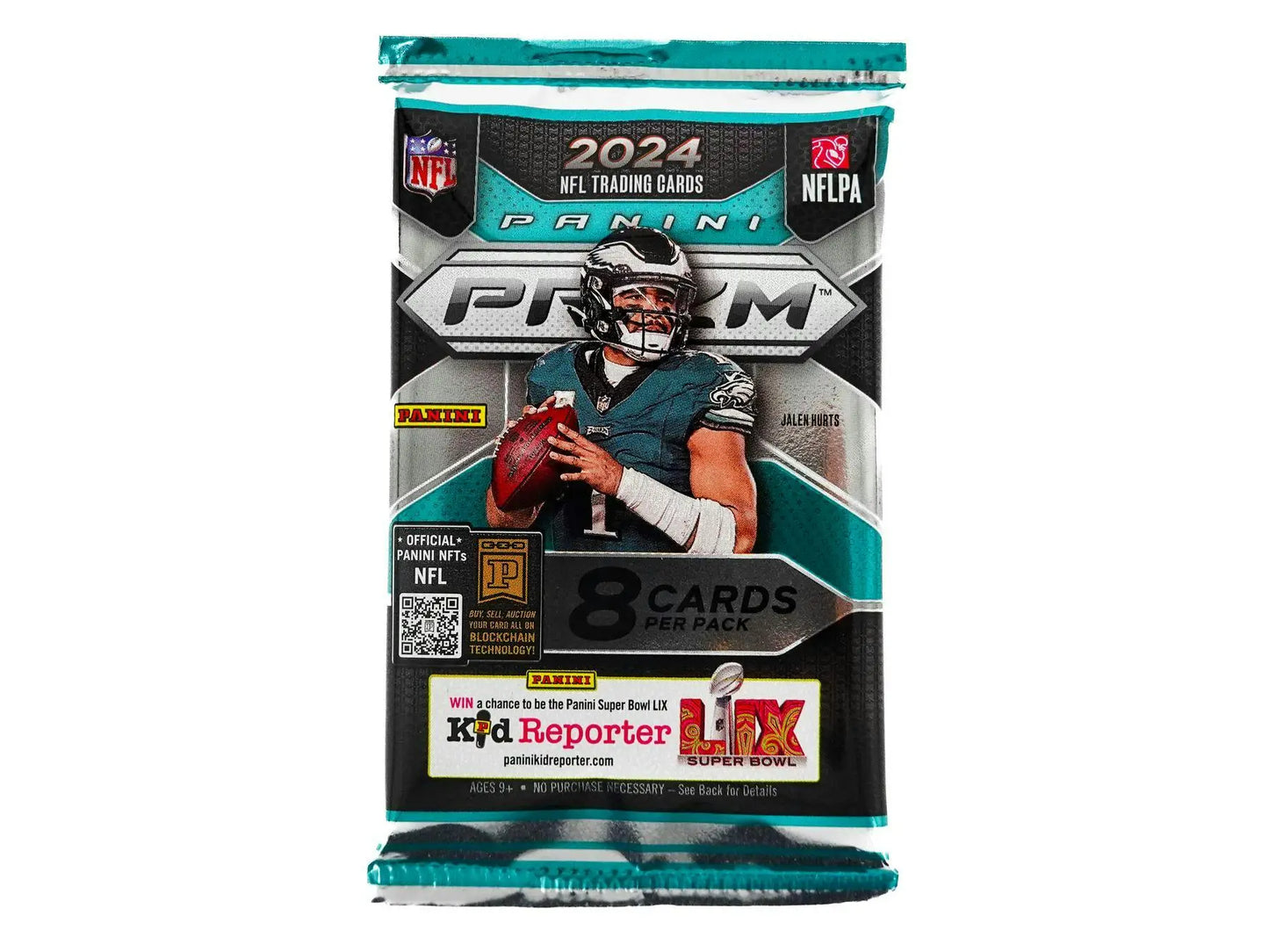 2024 NFL Panini Prizm Football trading card pack in teal and black design, featuring Huddle Prizm Autograph