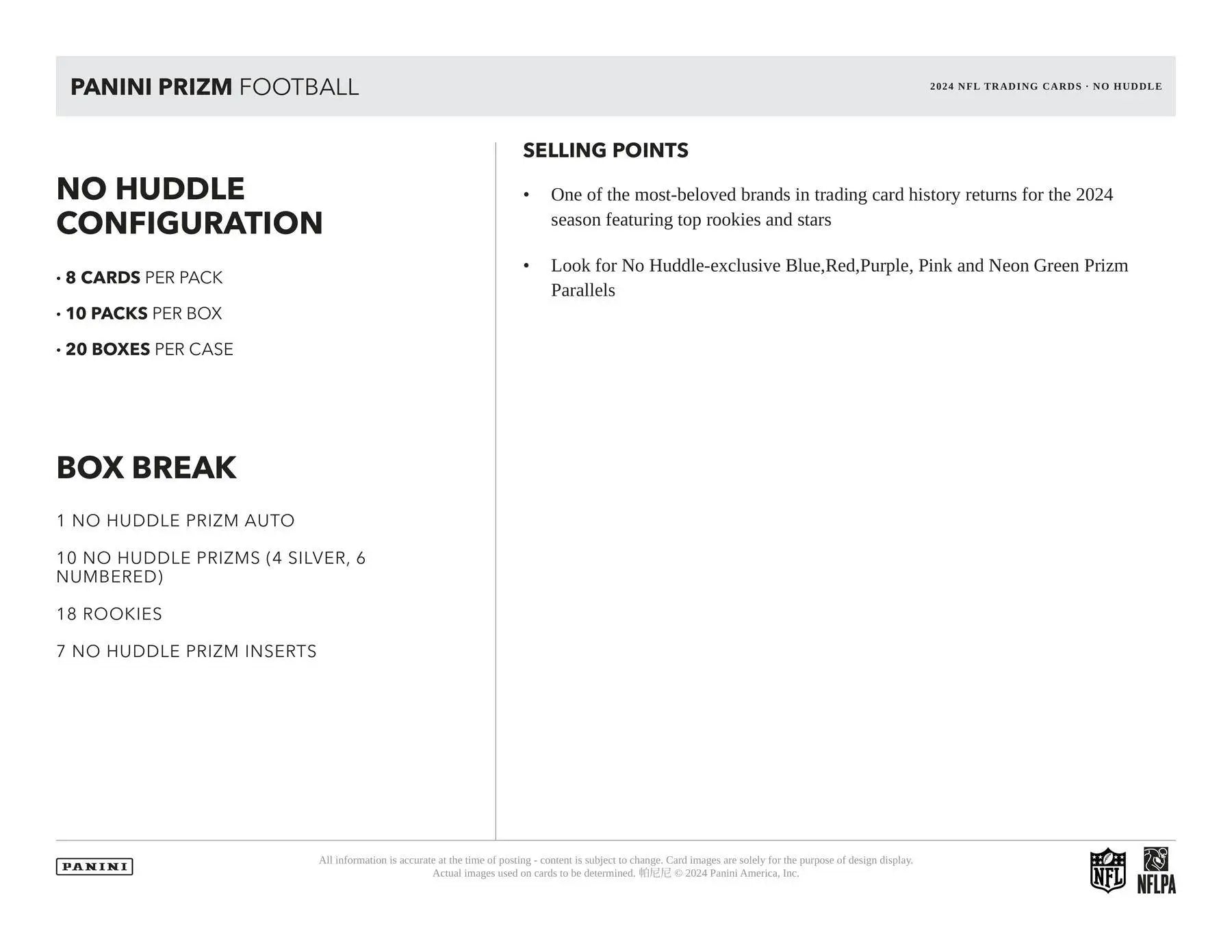 Product information sheet for 2024 Panini Prizm Football No Huddle Box featuring Huddle Prizm Autograph