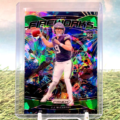 J.J. McCarthy rookie card from 2024 Panini Prizm Green Ice Prizm SP Fireworks collection