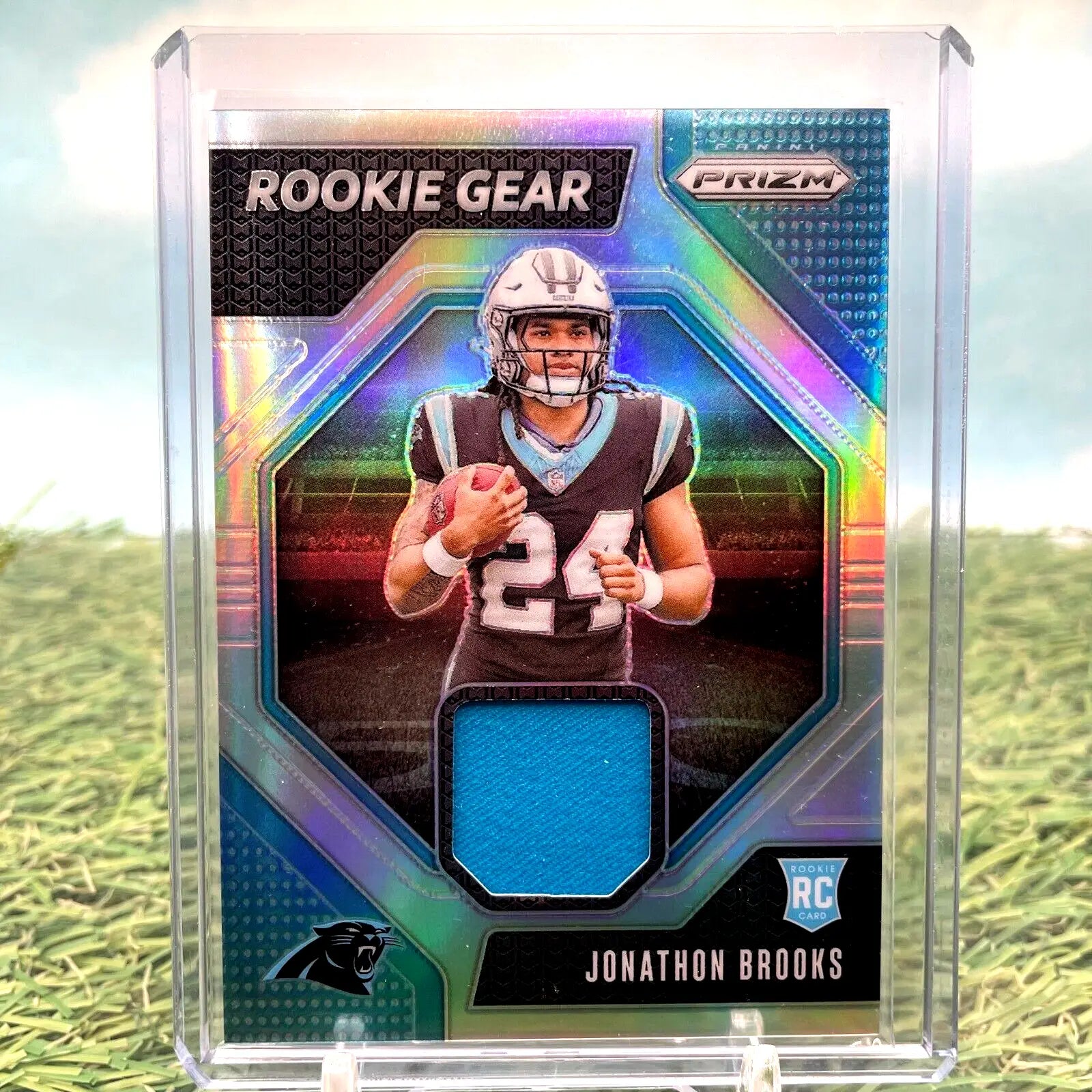 Jonathon Brooks rookie gear card showcasing a Silver Prizm patch from Panini Prizm