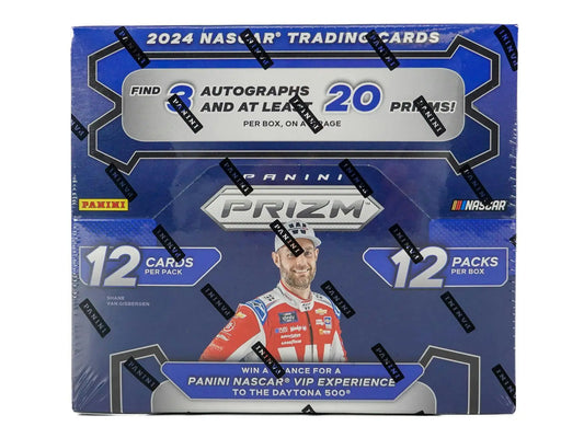 2024 Panini Prizm NASCAR Trading Card Box featuring driver in red racing attire with three autographs