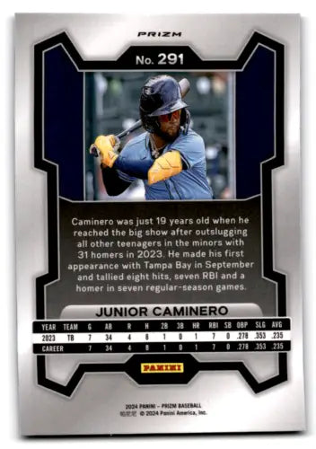 2024 Panini Prizm Prizms Blue Ice Junior Caminero Baseball Card Back Original Gloss