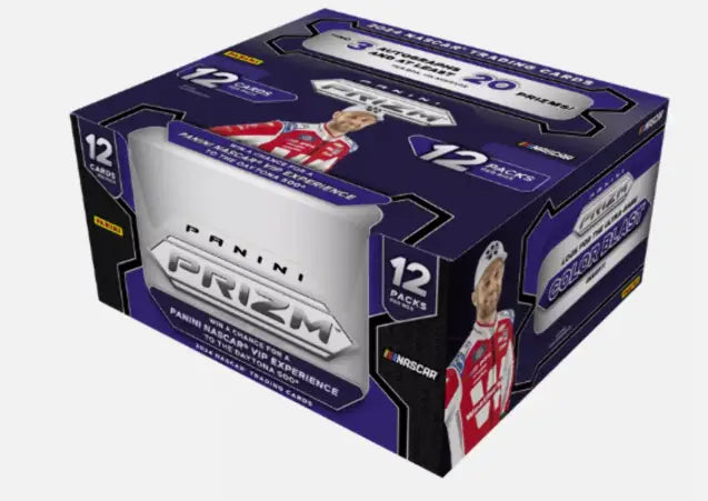 Purple and white Panini Prizm Racing Hobby Box featuring a basketball player graphic