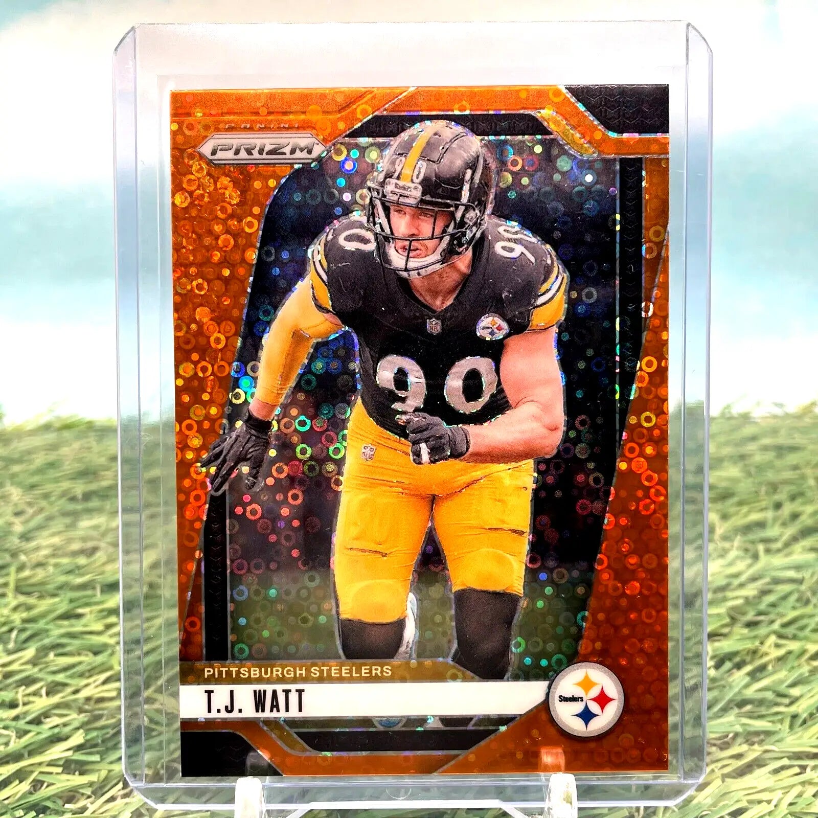 T.J. Watt football card from 2024 Panini Prizm Orange Disco Prizm Pittsburgh Steelers