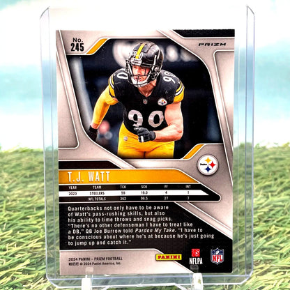 T.J. Watt football card from 2024 Panini Prizm Orange Disco Prizm Pittsburgh Steelers