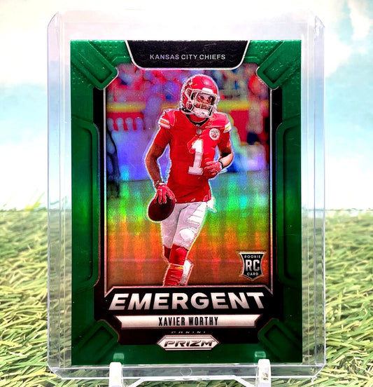 Xavier Worthy football card from 2024 Panini Prizm Green Prizm Rookie RC #7 Chiefs