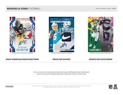 Three football trading cards of NFL players from 2024 Panini Rookies & Stars