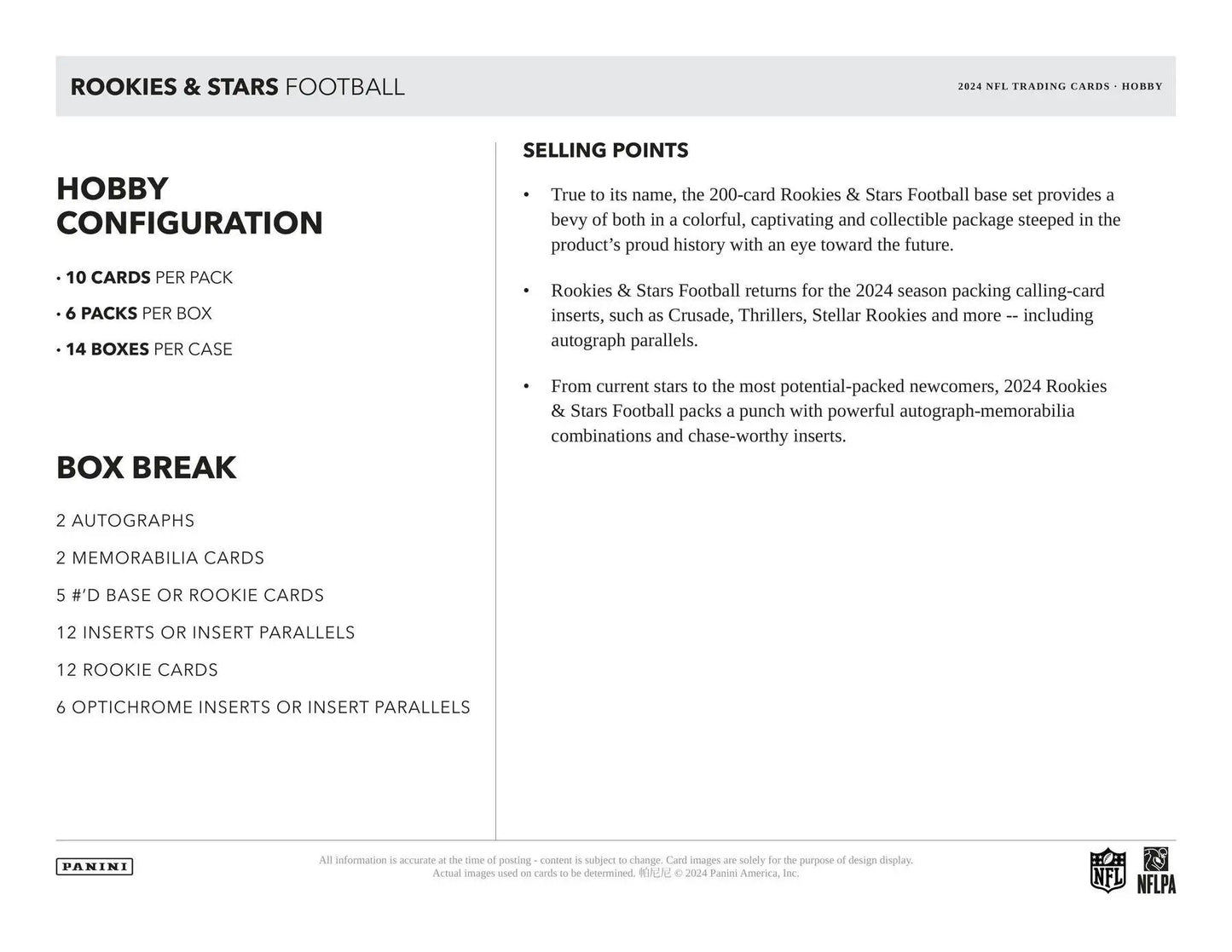 Product configuration details for 2024 Panini Rookies & Stars Football Hobby Box