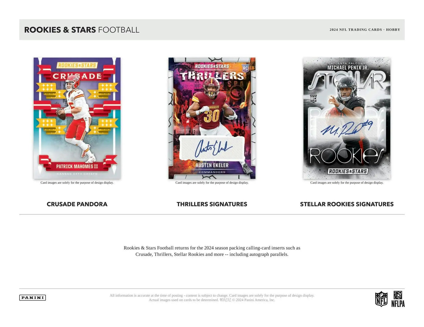 Three rookie cards from the 2024 Panini Rookies & Stars Football Hobby Box