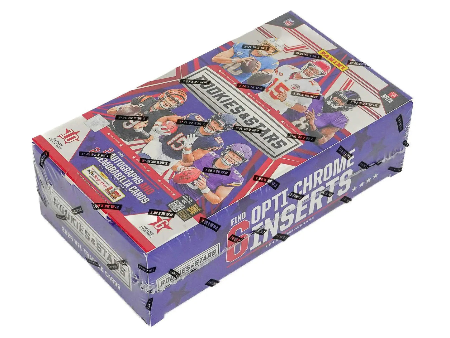 Purple and red NFL Opti-Chrome Prizm trading card box for Rookies & Stars Football