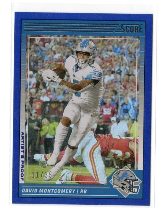 Blue-bordered Panini Score Football trading card 11/35 of David Montgomery Detroit Lions