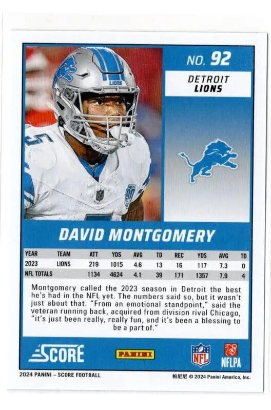 NFL trading card of David Montgomery in Lions jersey, Panini Score Football Artist’s Proof