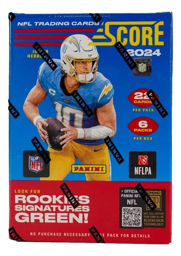 NFL Score 2024 trading card pack featuring Chargers player in Panini Score Football design