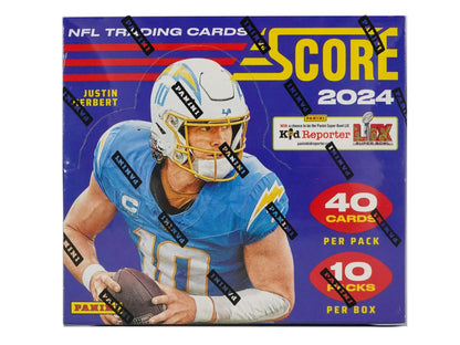 2024 Panini Score Football Hobby Box featuring Chargers player in powder blue uniform