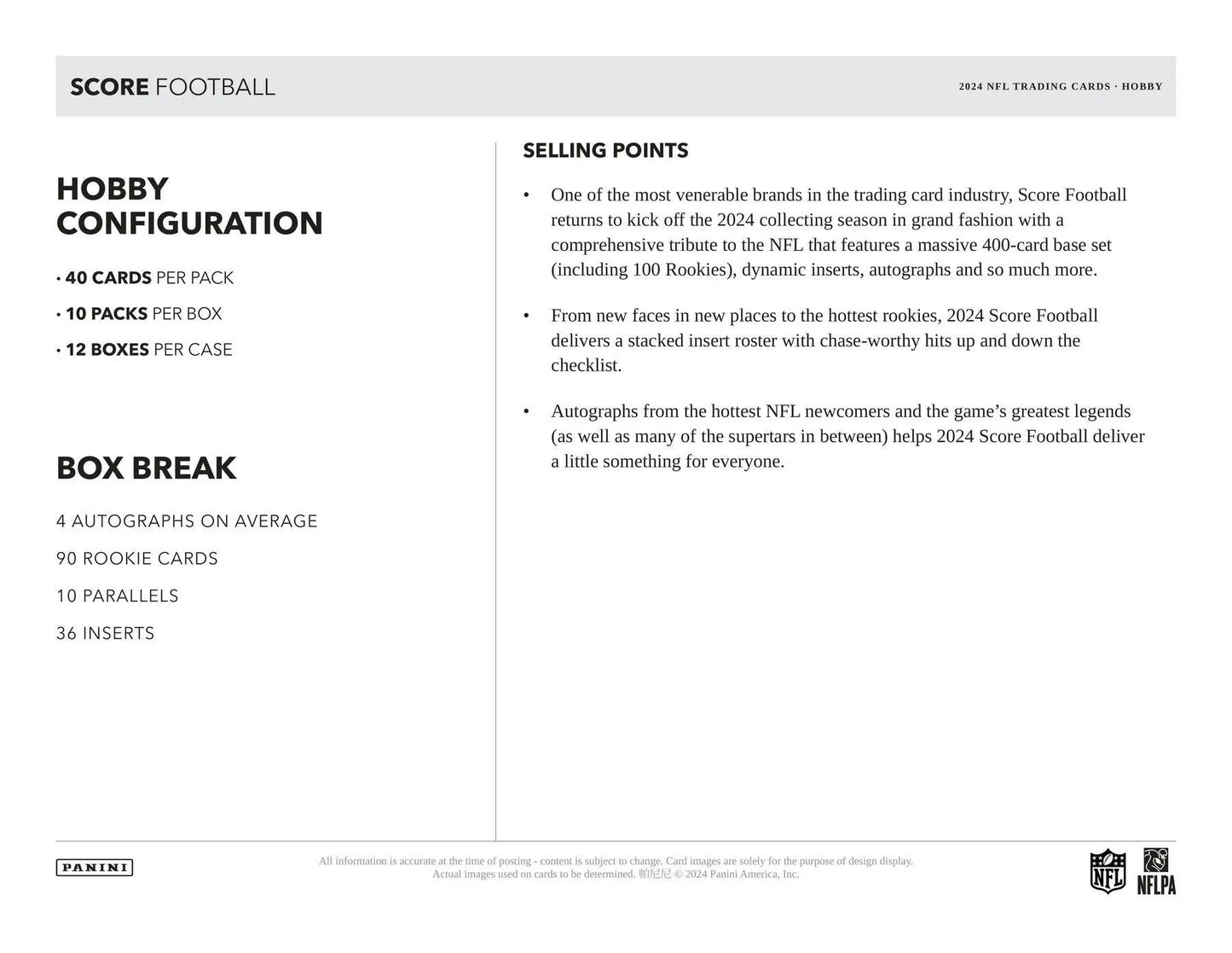 Product configuration details for 2024 Panini Score Football Hobby Box in trading card industry