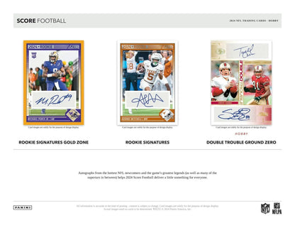 Product advertisement featuring three autographed NFL football cards from 2024 Panini Score Football