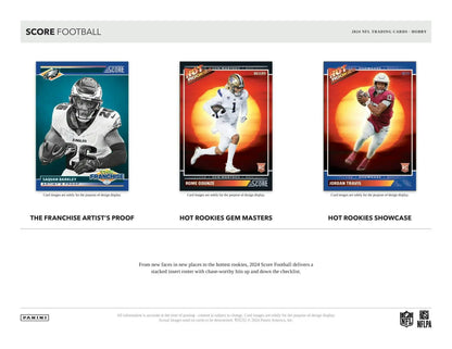 Three NFL trading cards in action poses from 2024 Panini Score Football Hobby Box