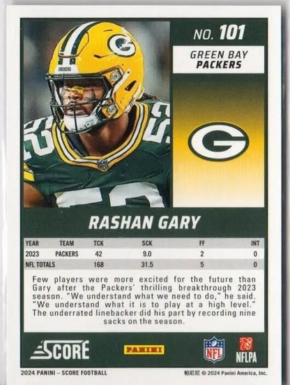 NFL trading card of Rashan Gary in Green Bay Packers uniform, 2024 Panini Score Football