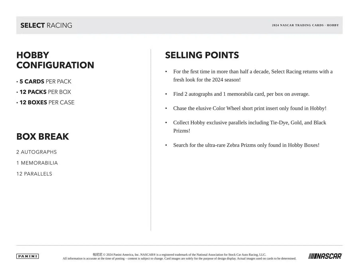 Product information sheet for 2024 Panini Select Racing Hobby Box and memorabilia card features