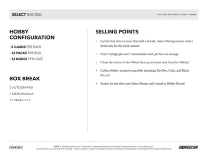 Product information sheet for 2024 Panini Select Racing Hobby Box and memorabilia card features