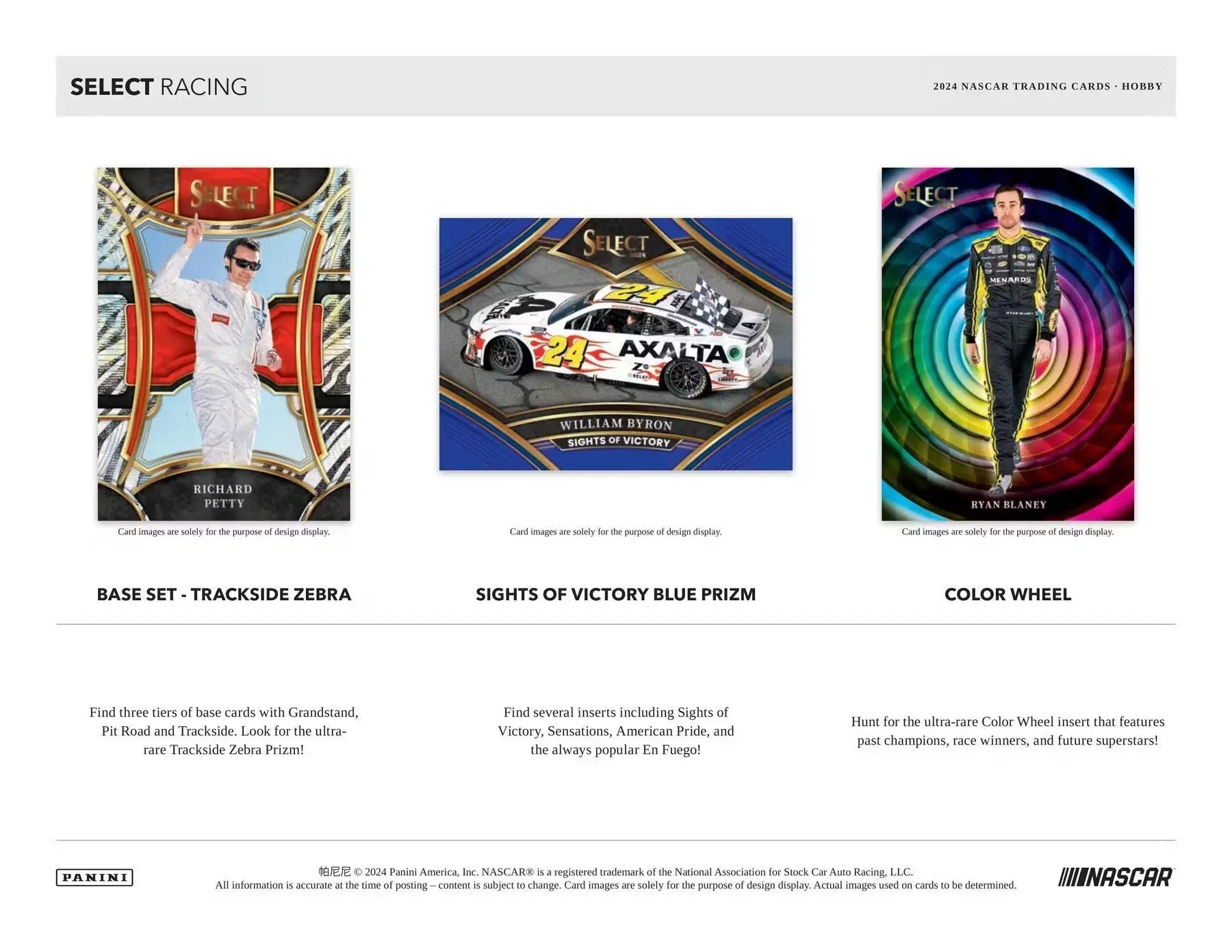 Three NASCAR trading cards showcasing unique designs from a 2024 Panini Select Racing box