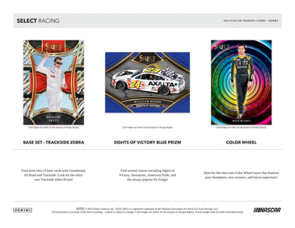 Three NASCAR trading cards showcasing unique designs from a 2024 Panini Select Racing box